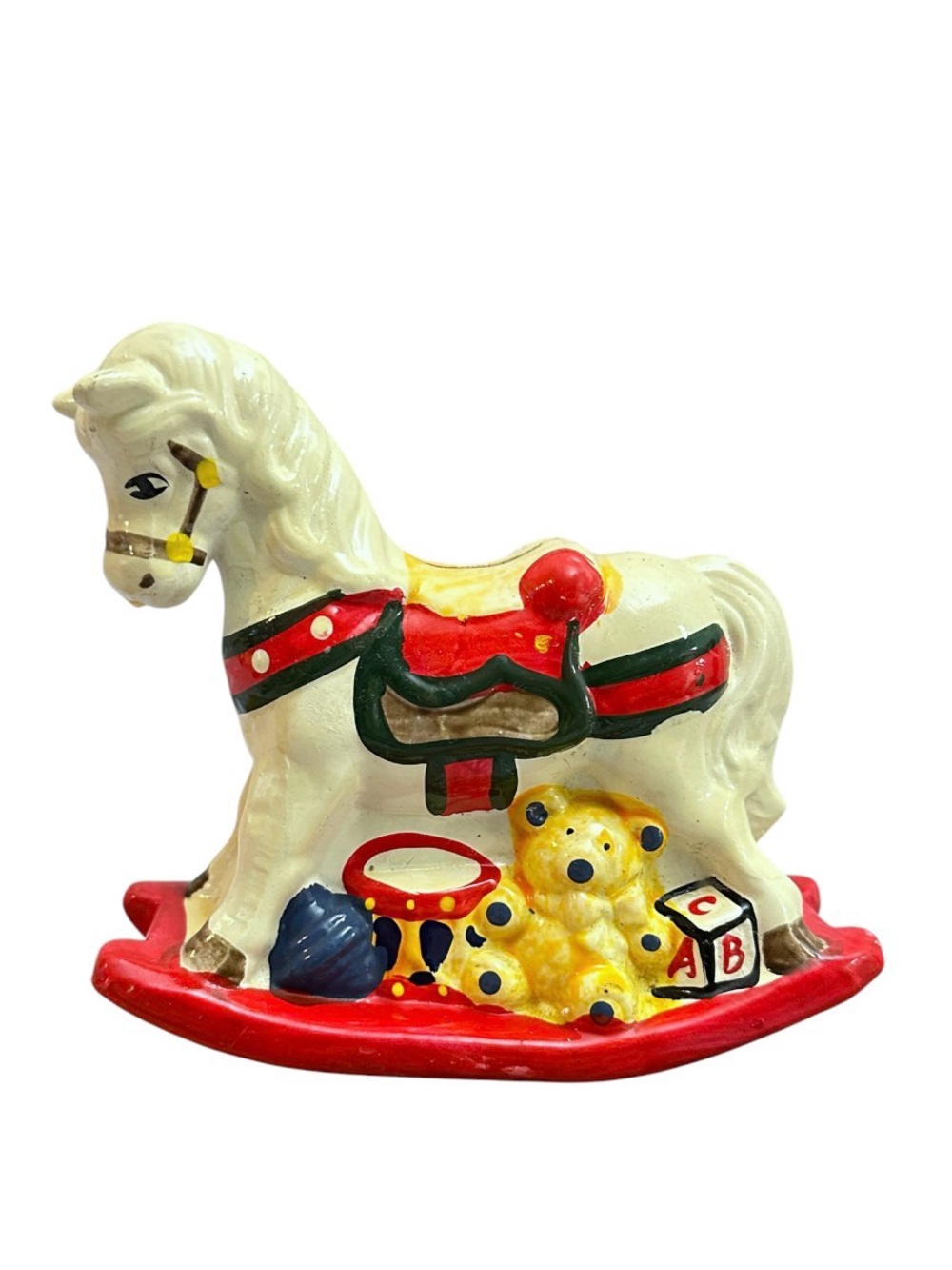Vintage 1980–1981 ceramic rocking horse coin bank‎ by Enesco